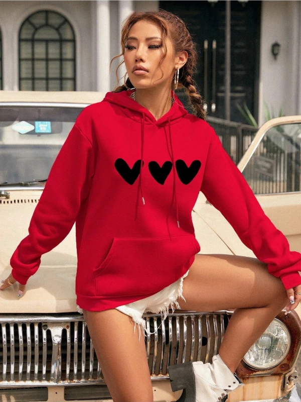 Yasolin----Kadın Kalp Baskılı Kapüşonlu Sweatshirt Kırmızı
