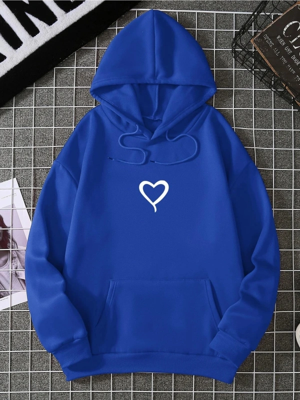 Yasolin----Kadın Küçül Kalp Baskılı Kapüşonlu Sweatshirt MAVİRENK
