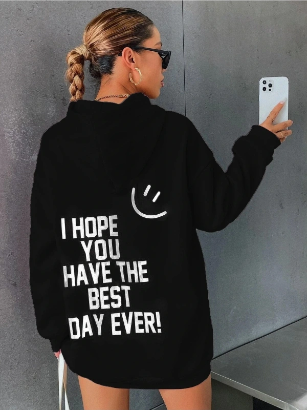 Yasolin----Siyah Happy Baskılı Oversize Kapüşonlu Sweatshirt