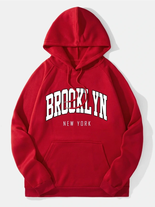Yasolin----Unisex Brooklyn Baskılı Kapüşonlu Sweatshirt Kırmızı