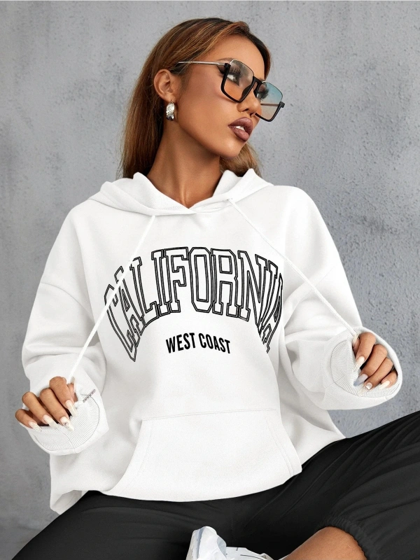 Yasolin----Unisex Calıfornia Baskılı Kapüşonlu Sweatshirt Beyaz