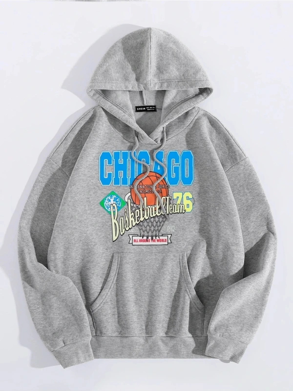 Yasolin----Unisex Chicago76 Baskılı Oversize Kapüşonlu Sweatshirt Gri