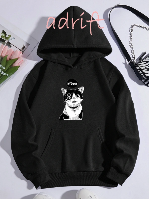 Yasolin----Unisex Oversize Kapüşonlu Kanguru Cepli Cat Meow Baskılı Siyah