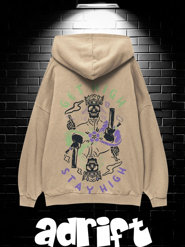 Yasolin----Unisex Oversize Kapüşonlu Kanguru Cepli Get High Stay High Baskılı Sweatshirt Hoodie Bej