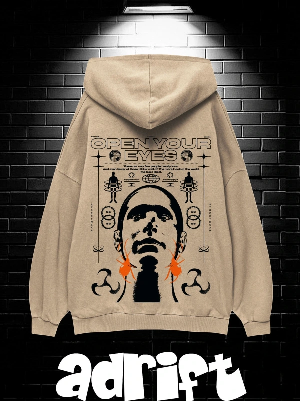 Yasolin----Unisex Oversize Kapüşonlu Kanguru Cepli Open Your Baskılı Sweatshirt Hoodie Bej