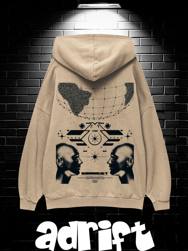 Yasolin----Unisex Oversize Kapüşonlu Kanguru Cepli Resro Futurısm Baskılı Sweatshirt Hoodie Bej