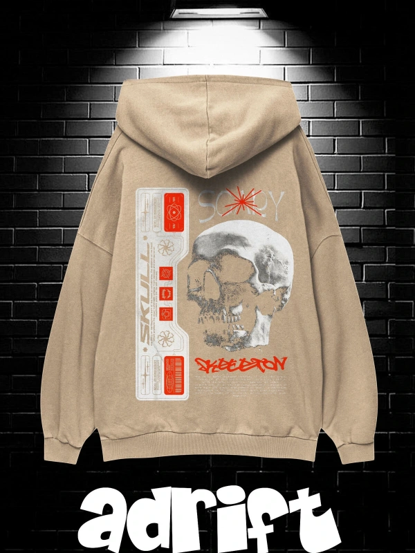 Yasolin----Unisex Oversize Kapüşonlu Kanguru Cepli Scaryskul Baskılı Sweatshirt Hoodie Bej