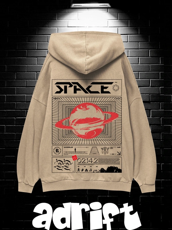 Yasolin----Unisex Oversize Kapüşonlu Kanguru Cepli Space Worldred Baskılı Sweatshirt Hoodie Bej