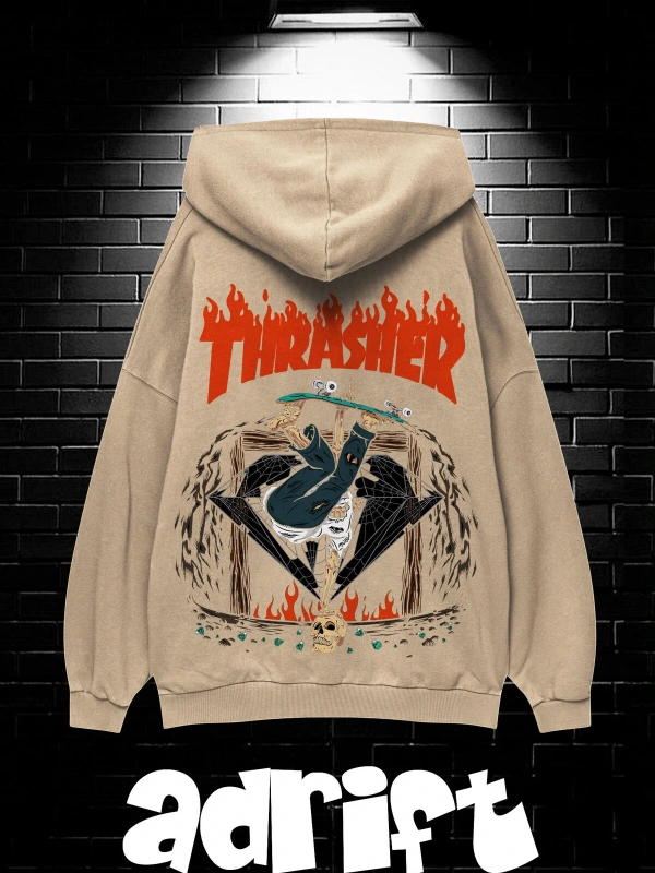 Yasolin----Unisex Oversize Kapüşonlu Kanguru Cepli Thrasher Baskılı Sweatshirt Hoodie Bej