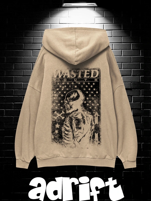 Yasolin----Unisex Oversize Kapüşonlu Kanguru Cepli Wasted Baskılı Sweatshirt Hoodie Bej