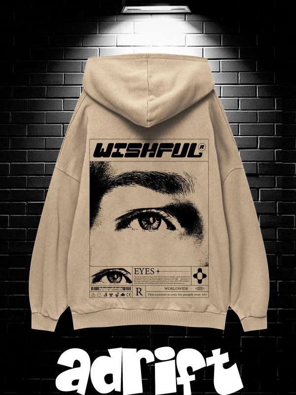 Yasolin----Unisex Oversize Kapüşonlu Kanguru Cepli Wıshful Baskılı Sweatshirt Hoodie Bej