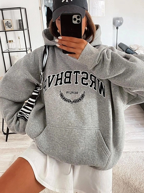 Yasolin----Unisex Wrstbhr Baskılı Oversize Kapüşonlu Sweatshirt Gri