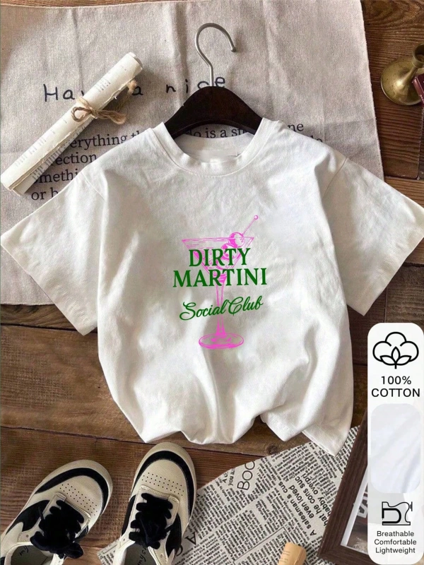 Yaz Kadın Bol Tişört, Dirty Martini Social Club Baskılı, Pamuklu, Beyaz Kısa Kollu, Grafik Ti