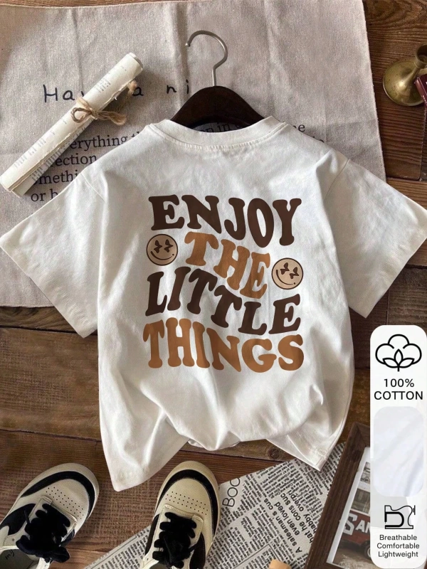 Yaz Kadın Bol Tişört, Enjoy The Little Thing Baskılı, %100 Pamuklu Beyaz Kısa Kollu Grafik Ti