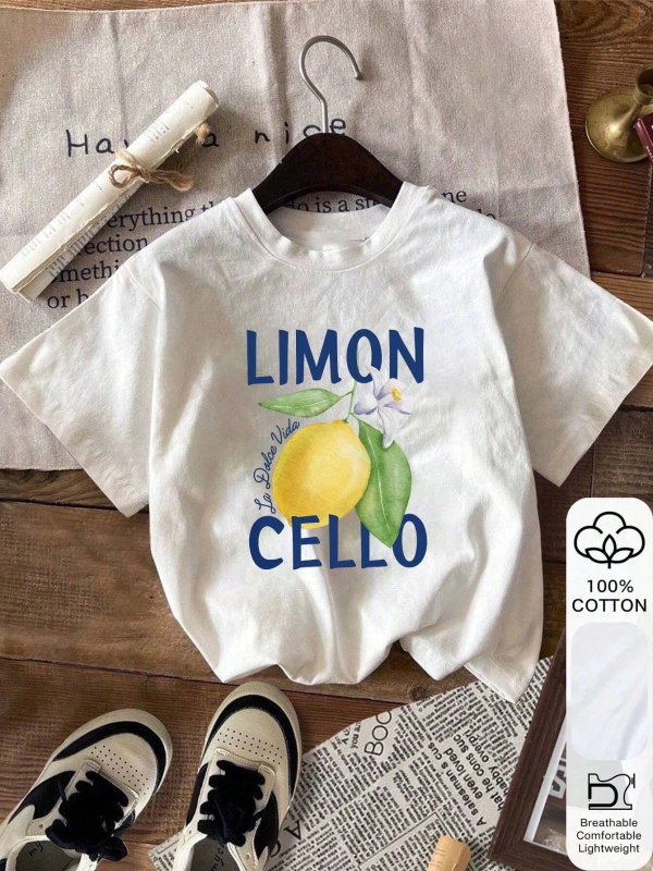 Yazlık Kadın Bol Tişört, LIMON CELLO& Limon Desenli, Pamuklu, Beyaz Kısa Kollu Grafik Tişört