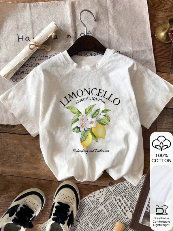 Yazlık Kadın Bol Tişört, LIMONCELLO ve Limon Desenli, %100 Pamuk, Beyaz Kısa Kollu Grafik Tiş