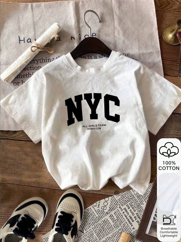Yazlık Kadın Bol Tişört, NYC Yazı Baskılı, Pamuklu, Beyaz Kısa Kollu, Grafik Tişört