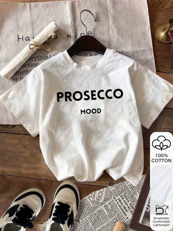 Yazlık Kadın Bol Tişört, PROSECCO Yazılı Baskı, %100 Pamuk, Beyaz Kısa Kollu Grafik Tişört
