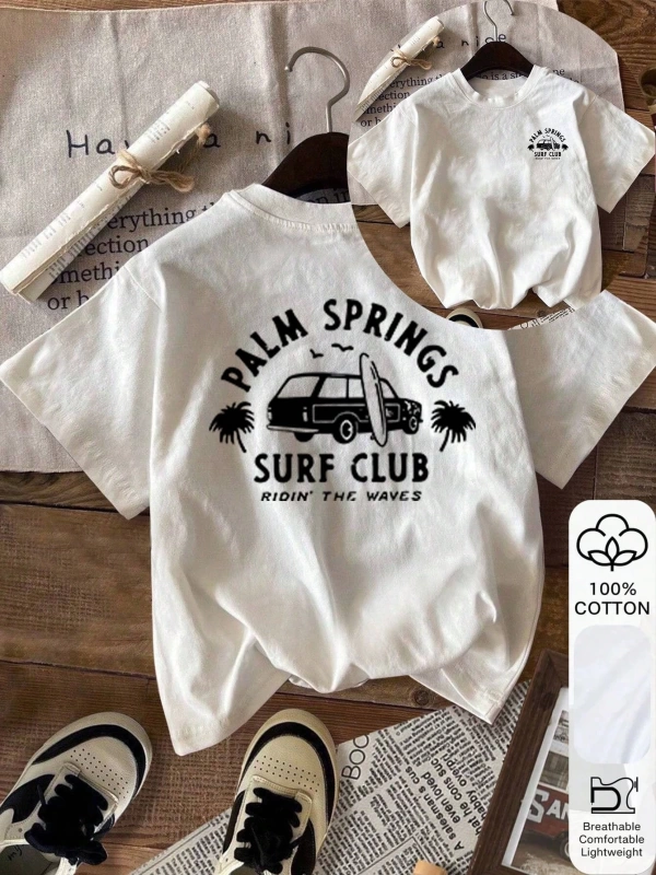 Yazlık Kadın Bol Tişört, SURF CLUB ve Araba Baskılı, %100 Pamuk, Beyaz Kısa Kollu Grafik Tişö