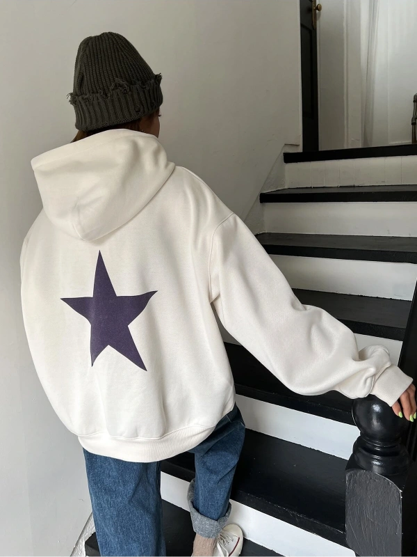Yıldız Baskılı Damla Omuzlu Kapüşonlu Üst Bej