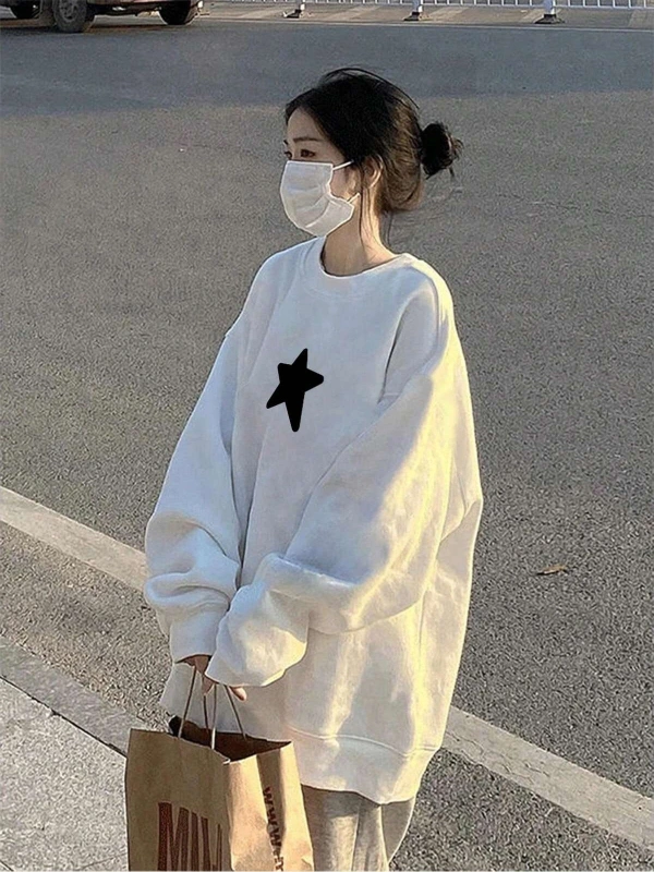 Yıldız Desenli Düşük Sweat Beyaz