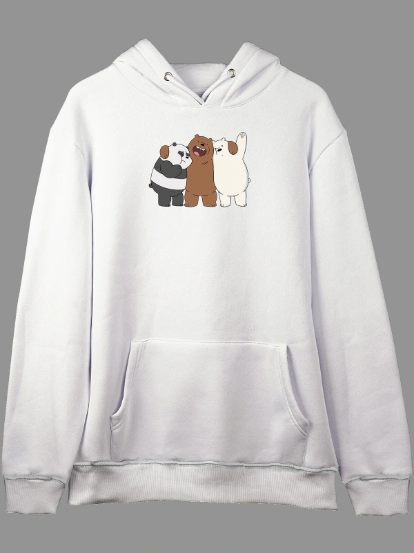 YQYQ----Oversize 3 Kafadar Ayı We Bare Bears Tasarım Baskılı Kapüşonlu Sweatshirt Hoodie Beyaz