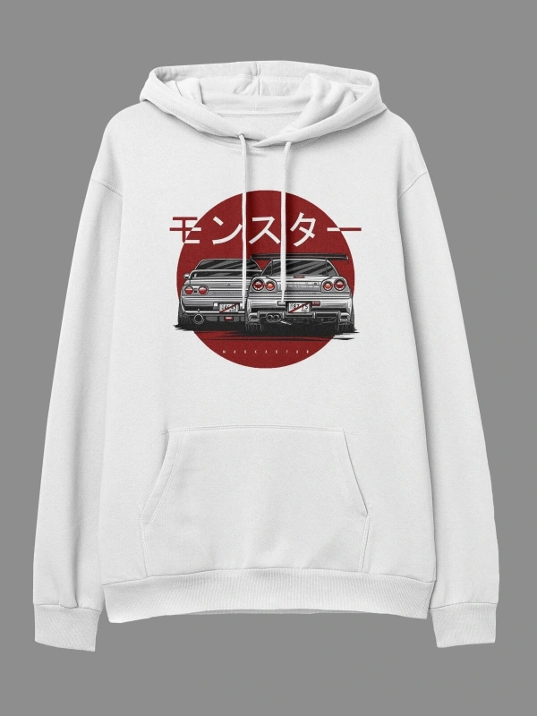 YQYQ----Oversize Araba Nissan Tasarım Baskılı Kapüşonlu Sweatshirt Hoodie Beyaz