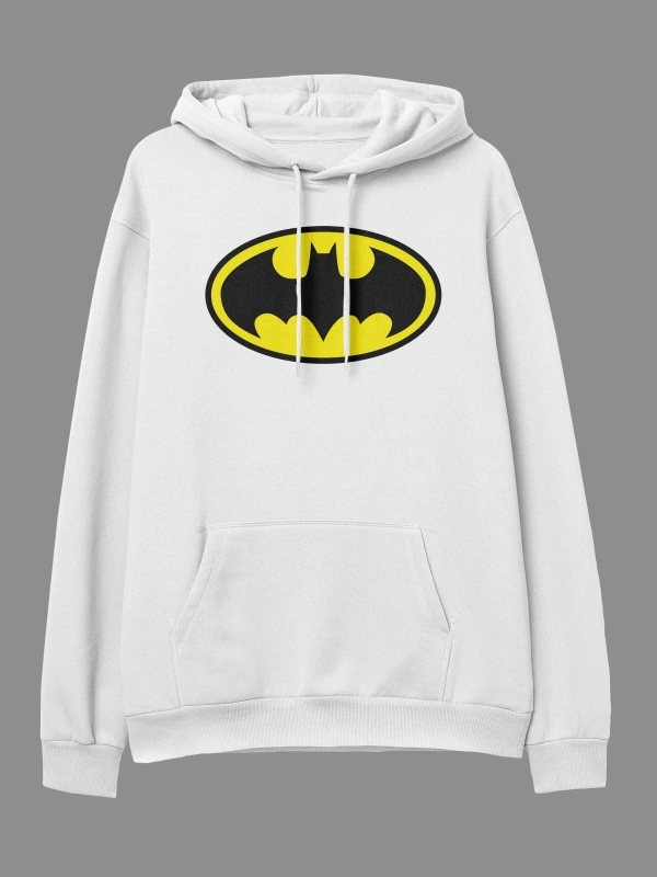 YQYQ----Oversize Batman Tasarım Baskılı Kapüşonlu Sweatshirt Hoodie Beyaz