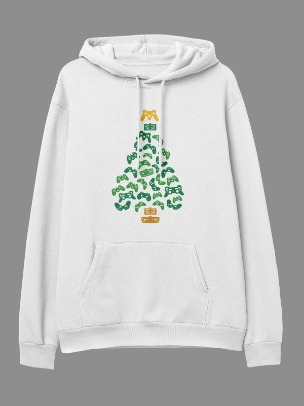 YQYQ----Oversize Çam Oyun Konsol Game Ağaç Yeni Yıl Tasarım Baskılı Unisex Kapüşonlu Sweatshirt Hoodie Beyaz