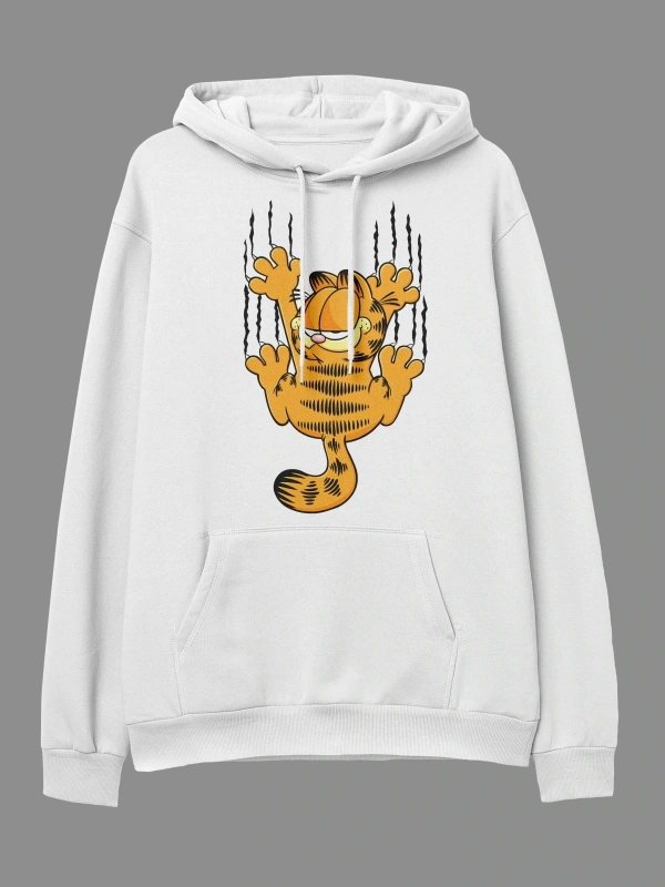YQYQ----Oversize Garfield Tasarım Baskılı Kapüşonlu Sweatshirt Hoodie Beyaz