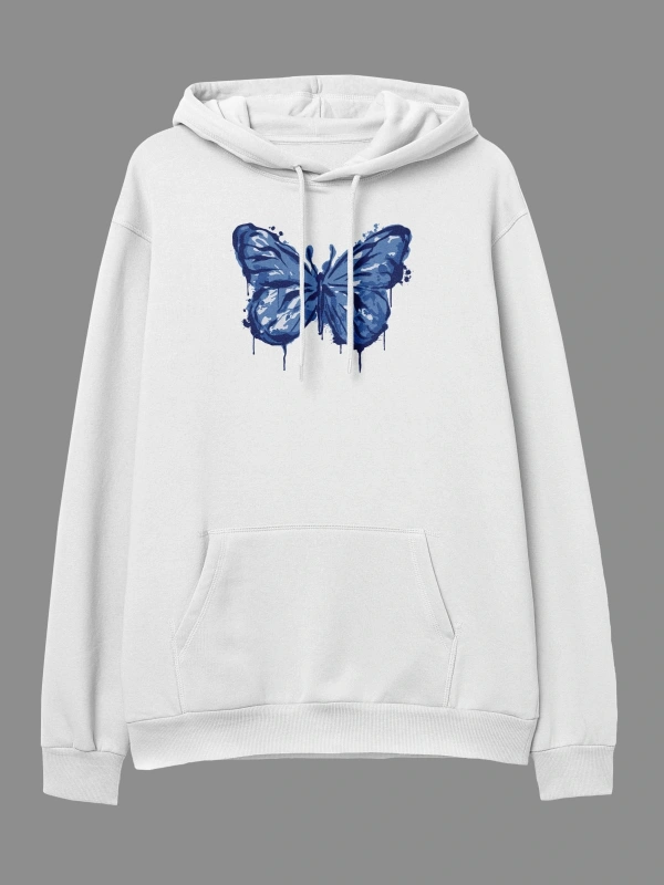 YQYQ----Oversize Mavi Boya Kelebek Temalı Tasarım Baskılı Unisex Kapüşonlu Sweatshirt Hoodie Beyaz