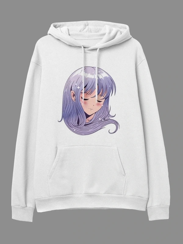 YQYQ----Oversize Mor Saçlı Lila Genç Kız Tasarım Baskılı Unisex Kapüşonlu Sweatshirt Hoodie Beyaz