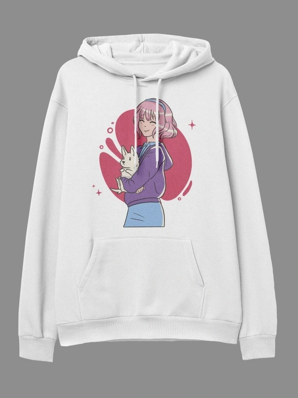 YQYQ----Oversize Pembe Saçlı Kız Ve Tavşan Tasarım Baskılı Unisex Kapüşonlu Sweatshirt Hoodie Beyaz