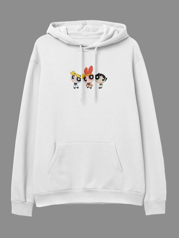 YQYQ----Oversize Powerpuff Girls Tasarım Baskılı Kapüşonlu Sweatshirt Hoodie Beyaz