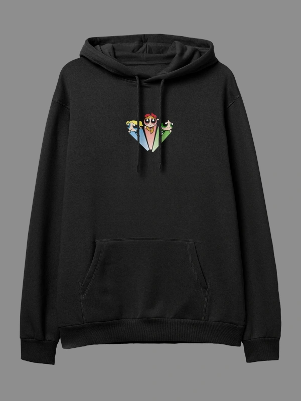 YQYQ----Oversize Powerpuff Girls Tasarım Baskılı Kapüşonlu Sweatshirt Hoodie Siyah