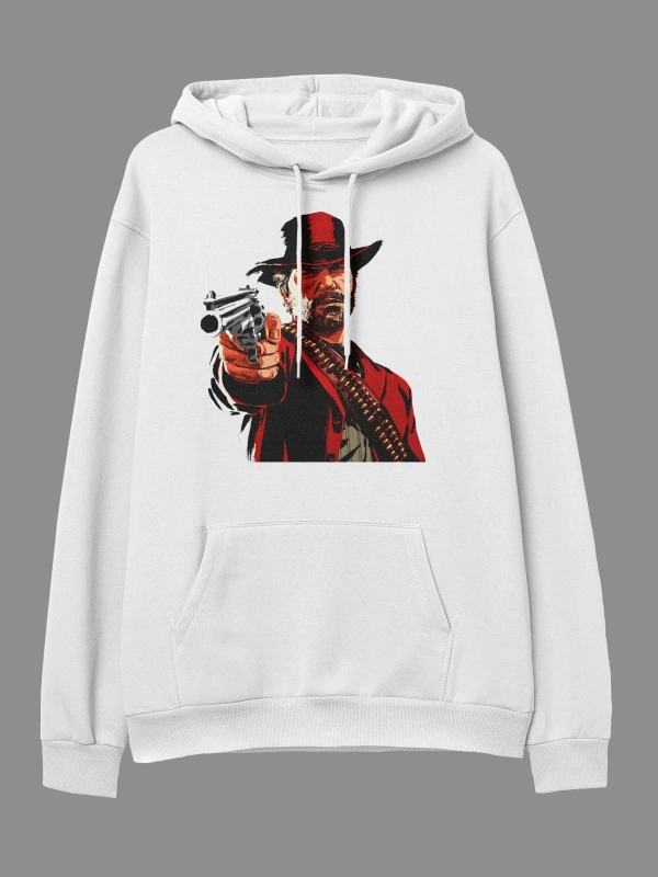 YQYQ----Oversize Red Dead Redemption 2 Tasarım Baskılı Kapüşonlu Sweatshirt Hoodie Beyaz