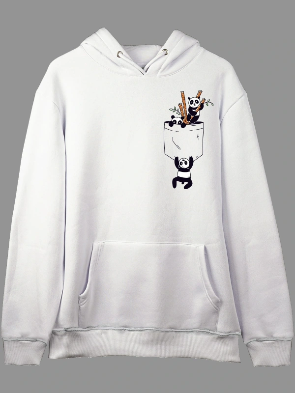 YQYQ----Oversize Sevimli Panda Cep Tasarımlı Baskılı Kapüşonlu Sweatshirt Hoodie Beyaz