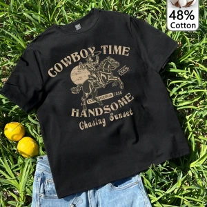 %50 Pamuk Kovboy Zamanı Rahat Retro Batı Tarzı Kadın Tişörtü
