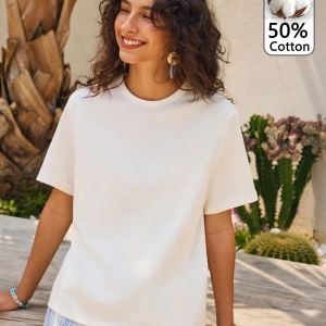 %50 Pamuk Rahat Minimalist Kelebek ve Çiçek Baskılı Tişört Kadınlar İçin, Doğal