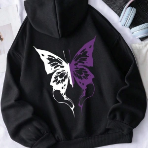 . Essnce Butterfly Print Kangaroo Pocket Drawstring Lined Hoodie Siyah