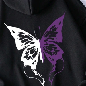. Essnce Butterfly Print Kangaroo Pocket Drawstring Lined Hoodie Siyah