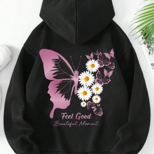 . Essnce Floral & Butterfly Print Kangaroo Pocket Drawstring Hoodie Siyah