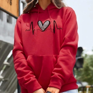 . Essnce Heart Print Kangaroo Pocket Drawstring Lined Hoodie Kırmızı