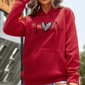 . Essnce Heart Print Kangaroo Pocket Drawstring Lined Hoodie Kırmızı