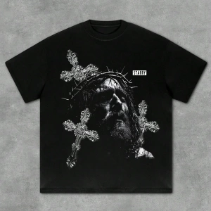 1 Adet Büyük Boy Erkek Moda İsa Haçı Baskılı Tişört, Rahat Sokak Giyimi, Unisex, Tüm Mevsimle