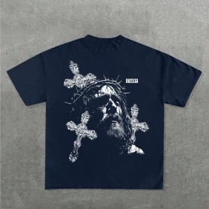 1 Adet Büyük Boy Erkek Moda İsa Haçı Baskılı Tişört, Rahat Sokak Giyimi, Unisex, Tüm Mevsimle