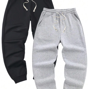 2 adet Erkek Düz Renk Gevşek Bağcıklı Bel Eşofman Altı, Fitness ve Koşu Jogger Pantolonu, İlk
