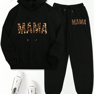 2 adet/takım Bol Günlük MAMA Baskılı Sweatshirt ve Bağcıklı Pantolon, Kadınlar İçin