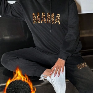 2 adet/takım Bol Günlük MAMA Baskılı Sweatshirt ve Bağcıklı Pantolon, Kadınlar İçin
