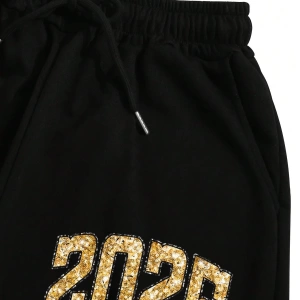 2 adet/takım Bol Günlük MAMA Baskılı Sweatshirt ve Bağcıklı Pantolon, Kadınlar İçin